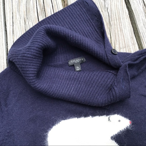 Ladies TALBOTS Navy Intarsia Polar Bear Sailor Button Wide Cowl Neck Sweater P M - Picture 4 of 8